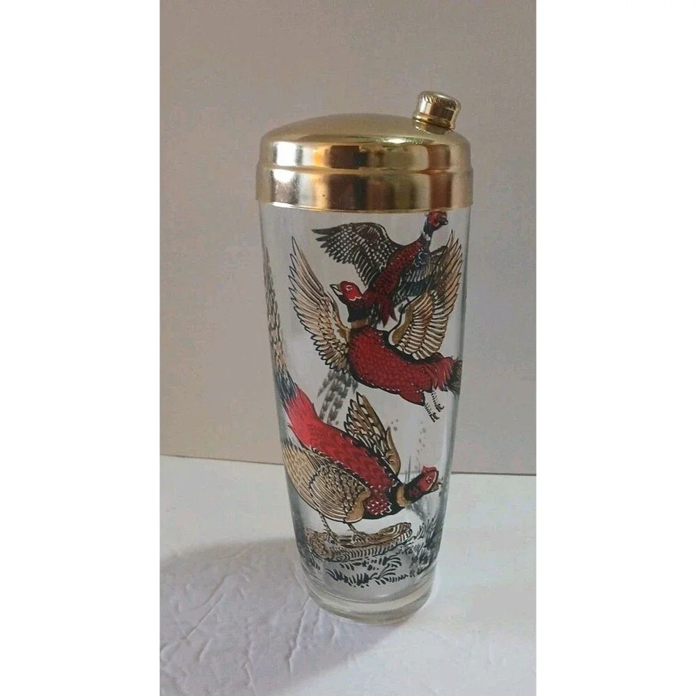 Vintage PHEASANTS HUNTING CLEAR GLASS COCKTAIL SHAKER 1960s Chrome Lid